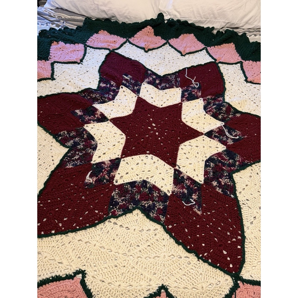 Vintage Large Crochet Prairie‎ Star Afghan Throw Multicolored 84"x84" Blanket - Picture 2 of 8